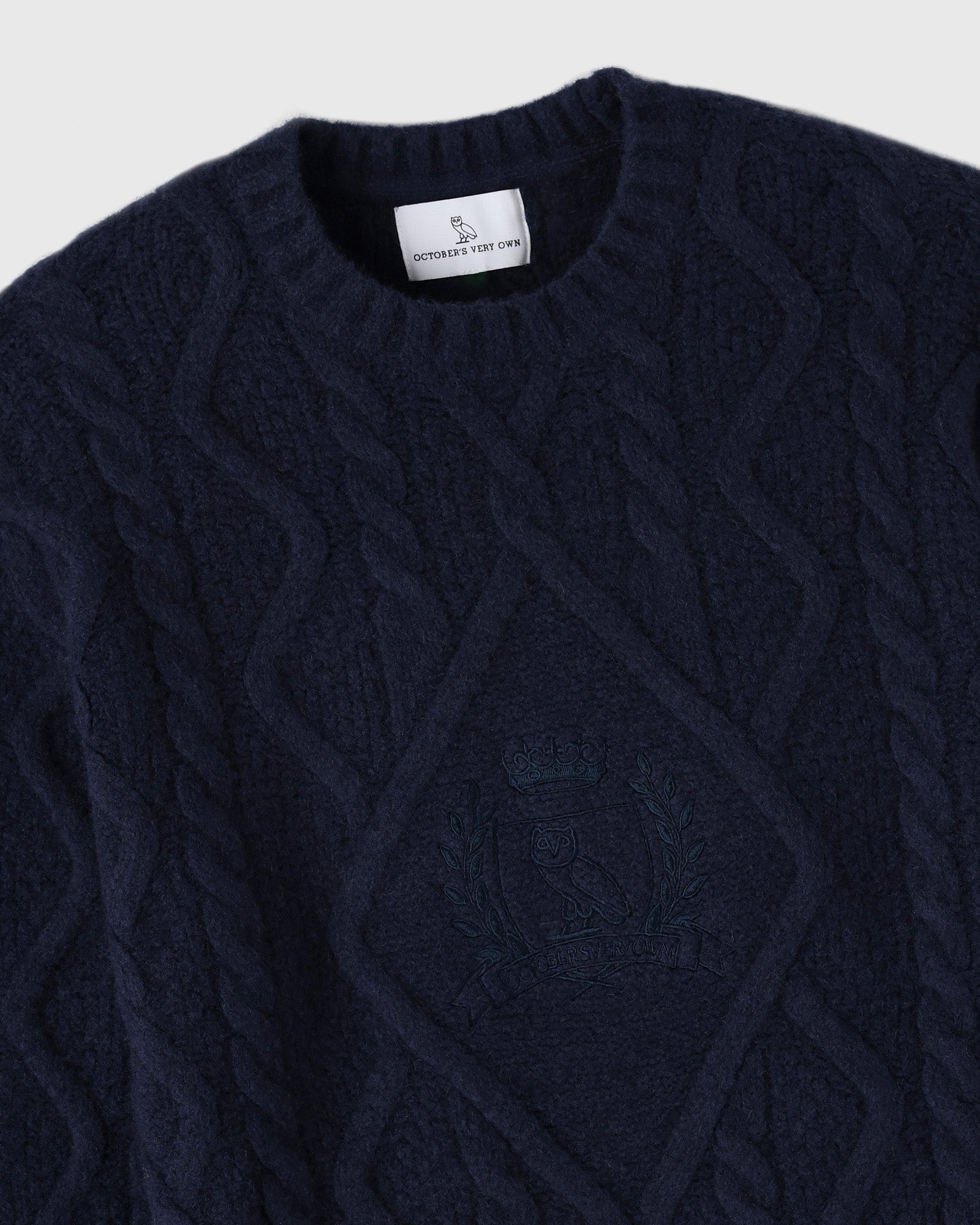 Cable Knit Sweater With Crest  - Navy IMAGE #2