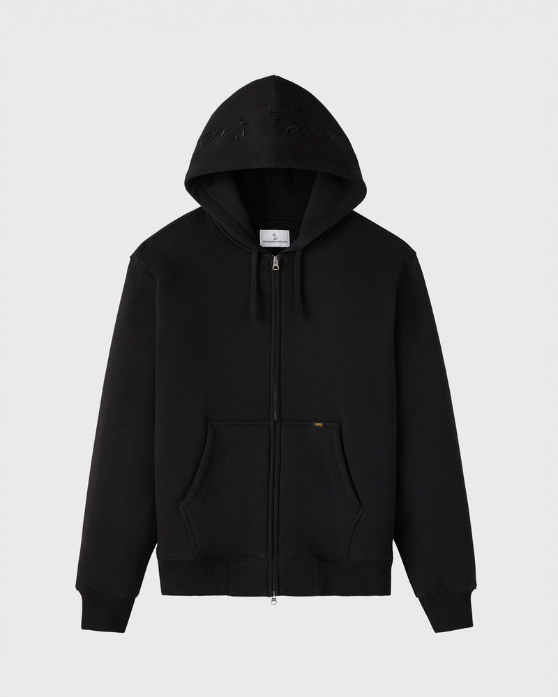 Waffle-Lined Full-Zip Hoodie - Black