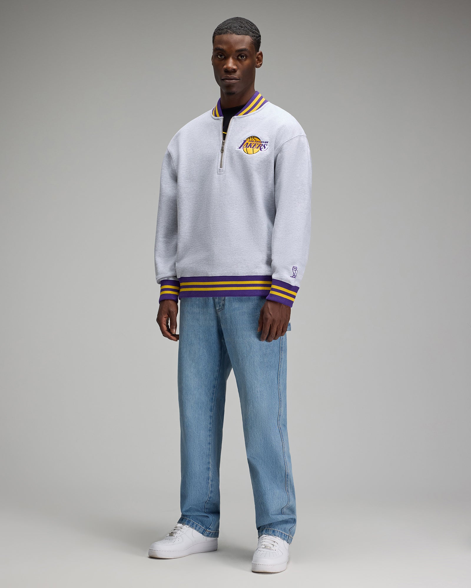 NBA Los Angeles Lakers Quarter-Zip Mockneck Sweatshirt - Ash Heather Grey IMAGE #3