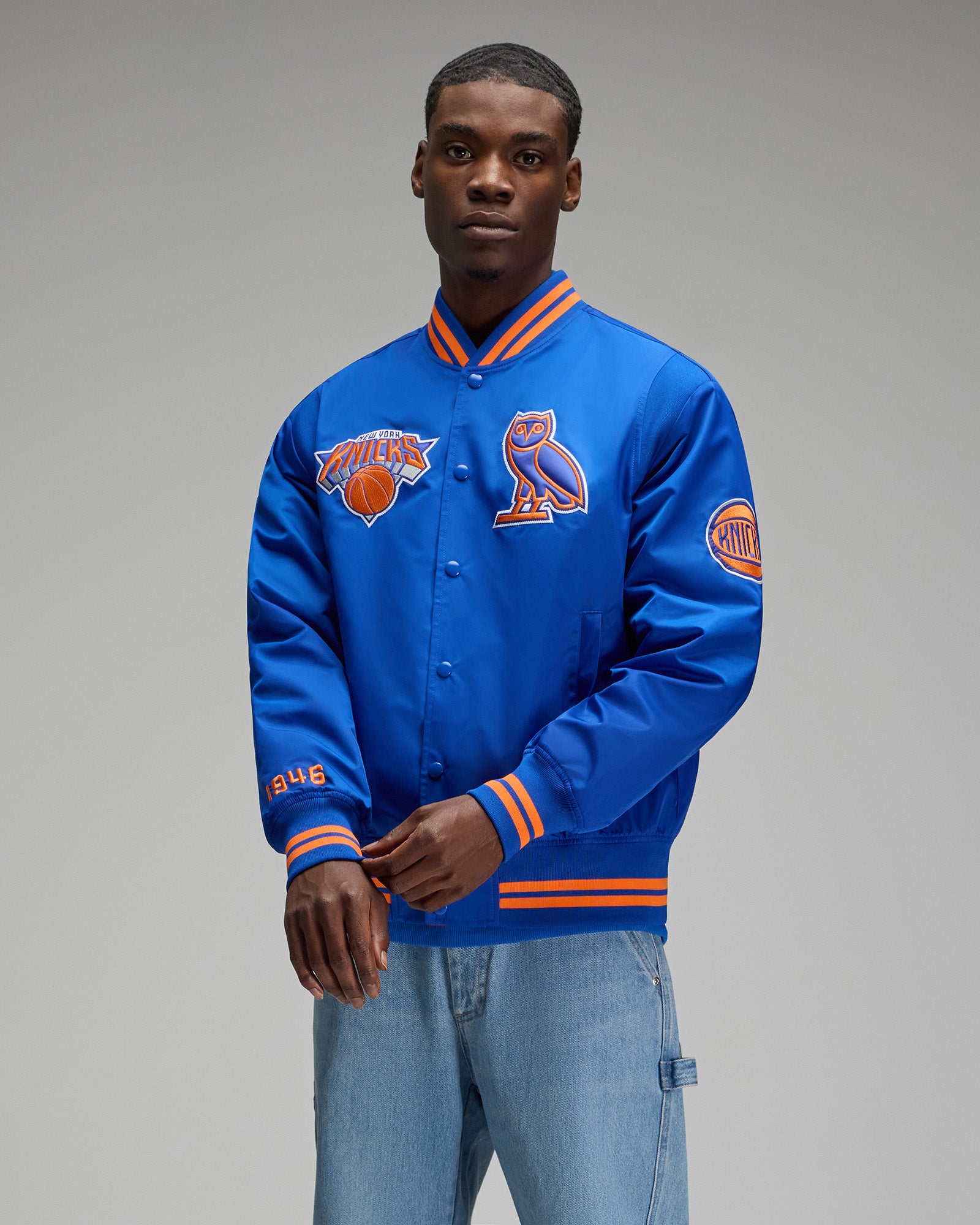 NBA New York Knicks Satin Varsity Jacket - Blue IMAGE #6