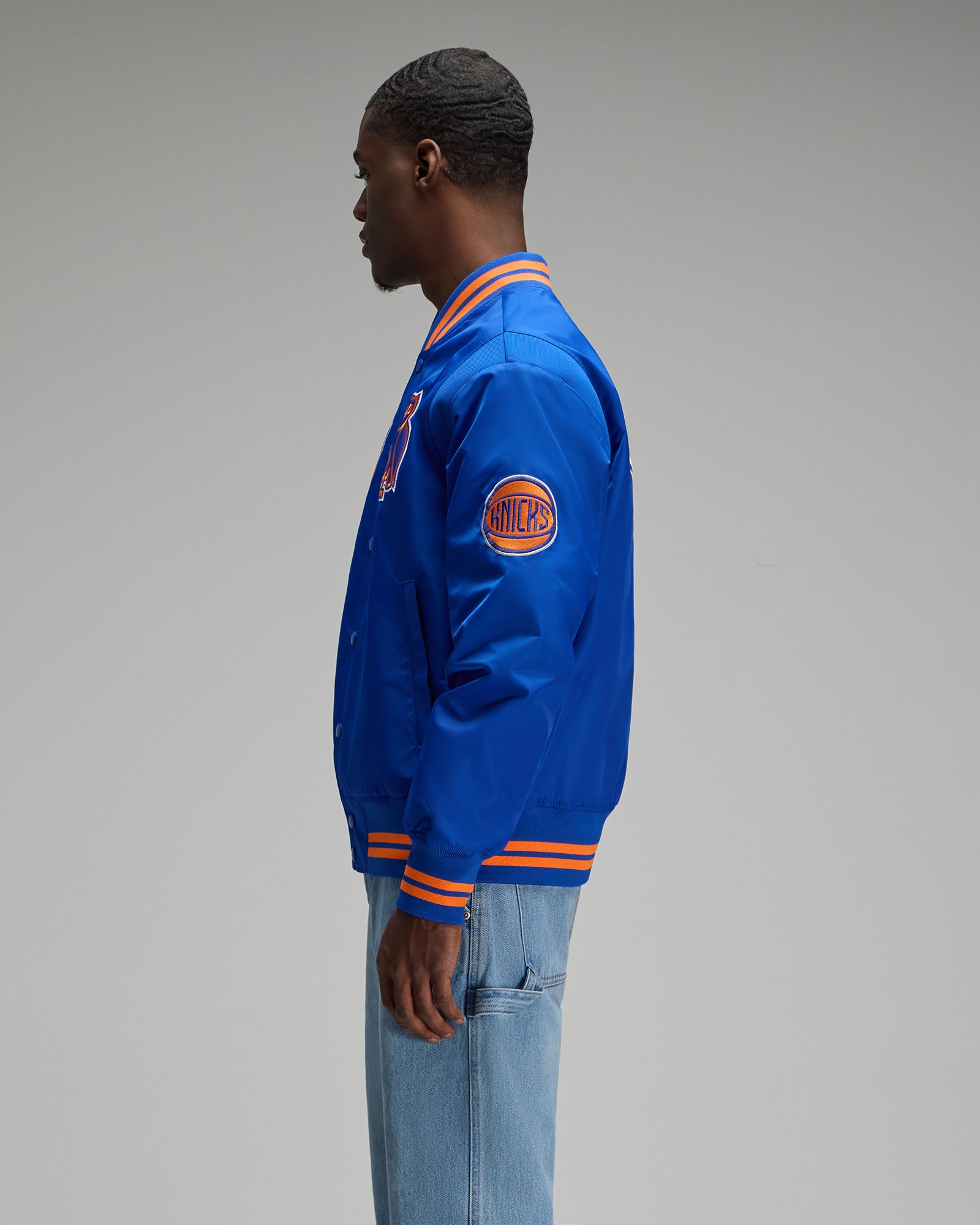 NBA New York Knicks Satin Varsity Jacket - Blue IMAGE #4