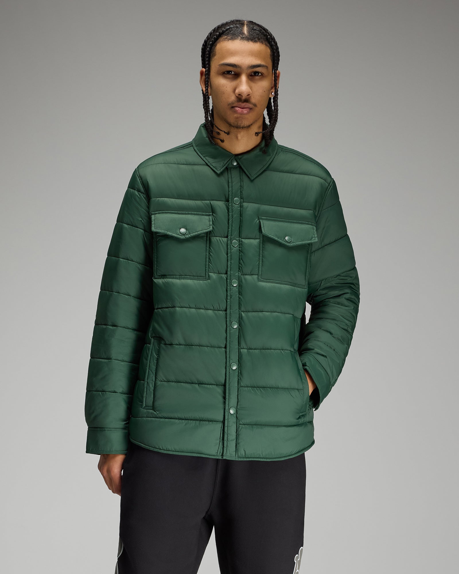 Nylon Quilted Shirt Jacket - Forest Green IMAGE #3